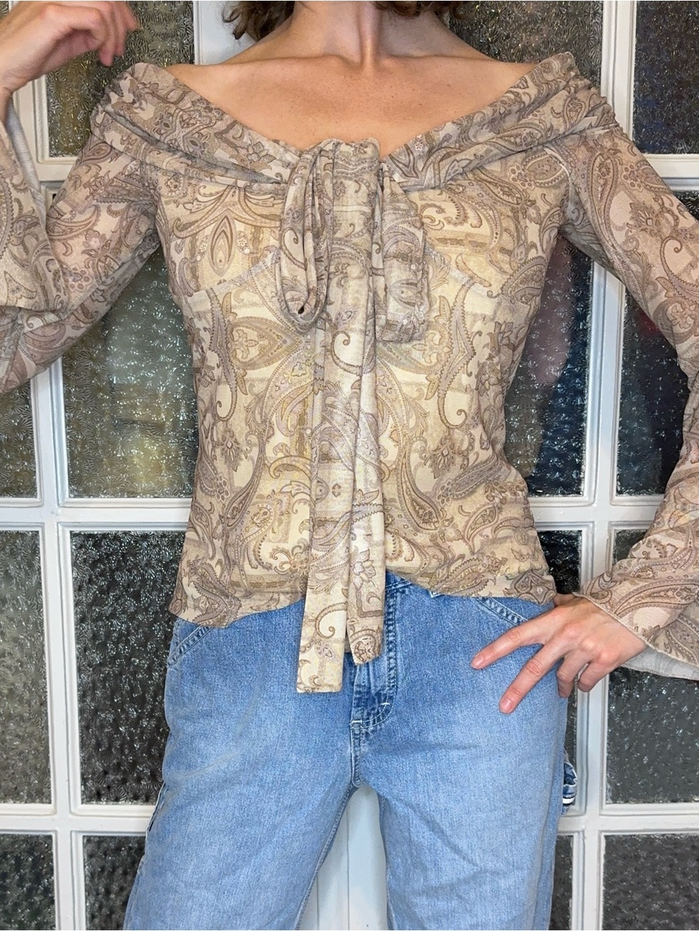 Cider Beige Paisley Off-Shoulder micro mesh Tie-Front Top
